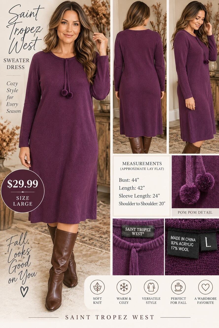 Saint Tropez West Sweater Dress L Purple Wool Blend Pom Pom Tie Long Sleeve